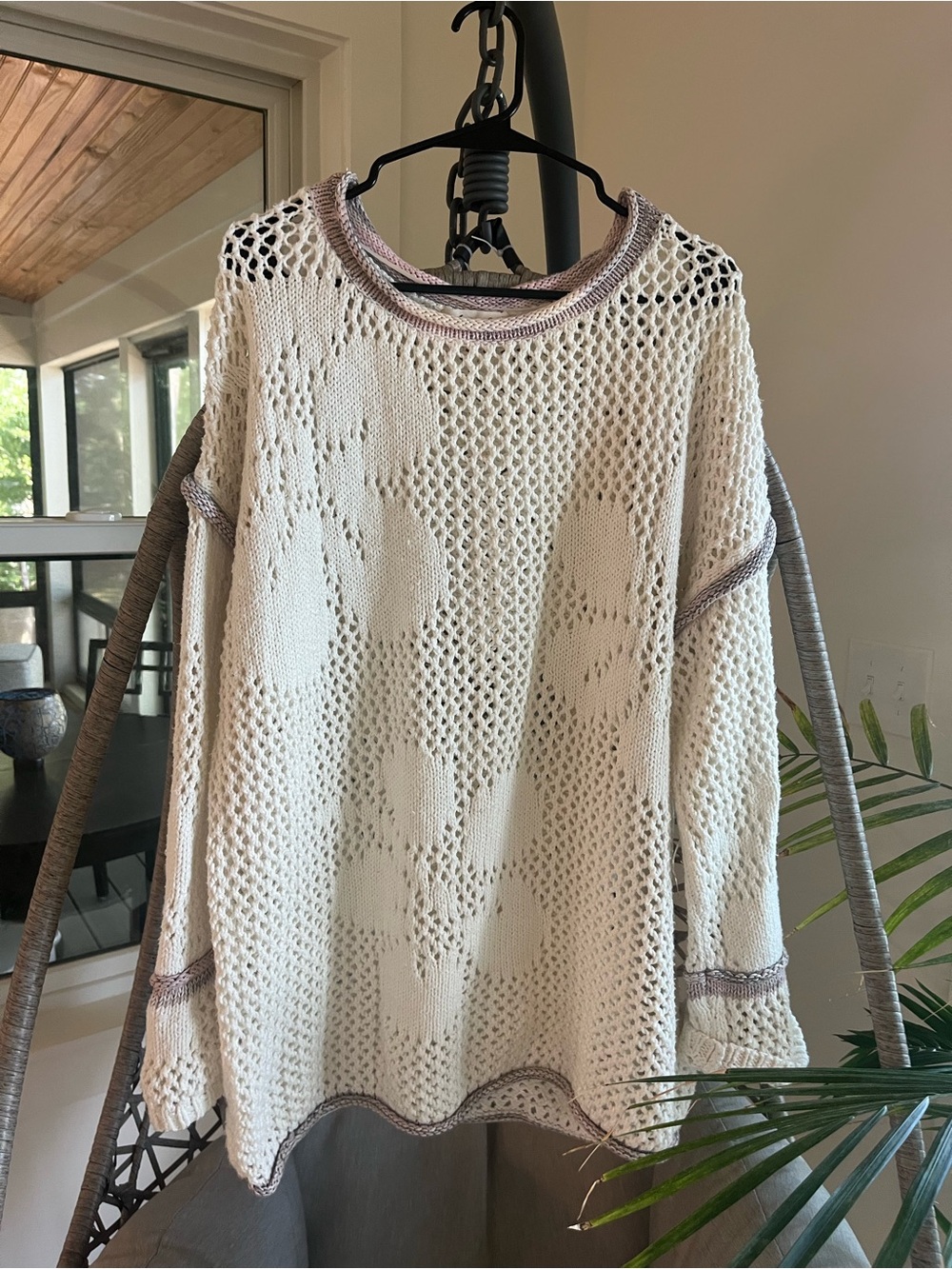 Free People Cream Open-Knit Scoop Neck Sweater with Contrast Trim - Picture 4 of 5